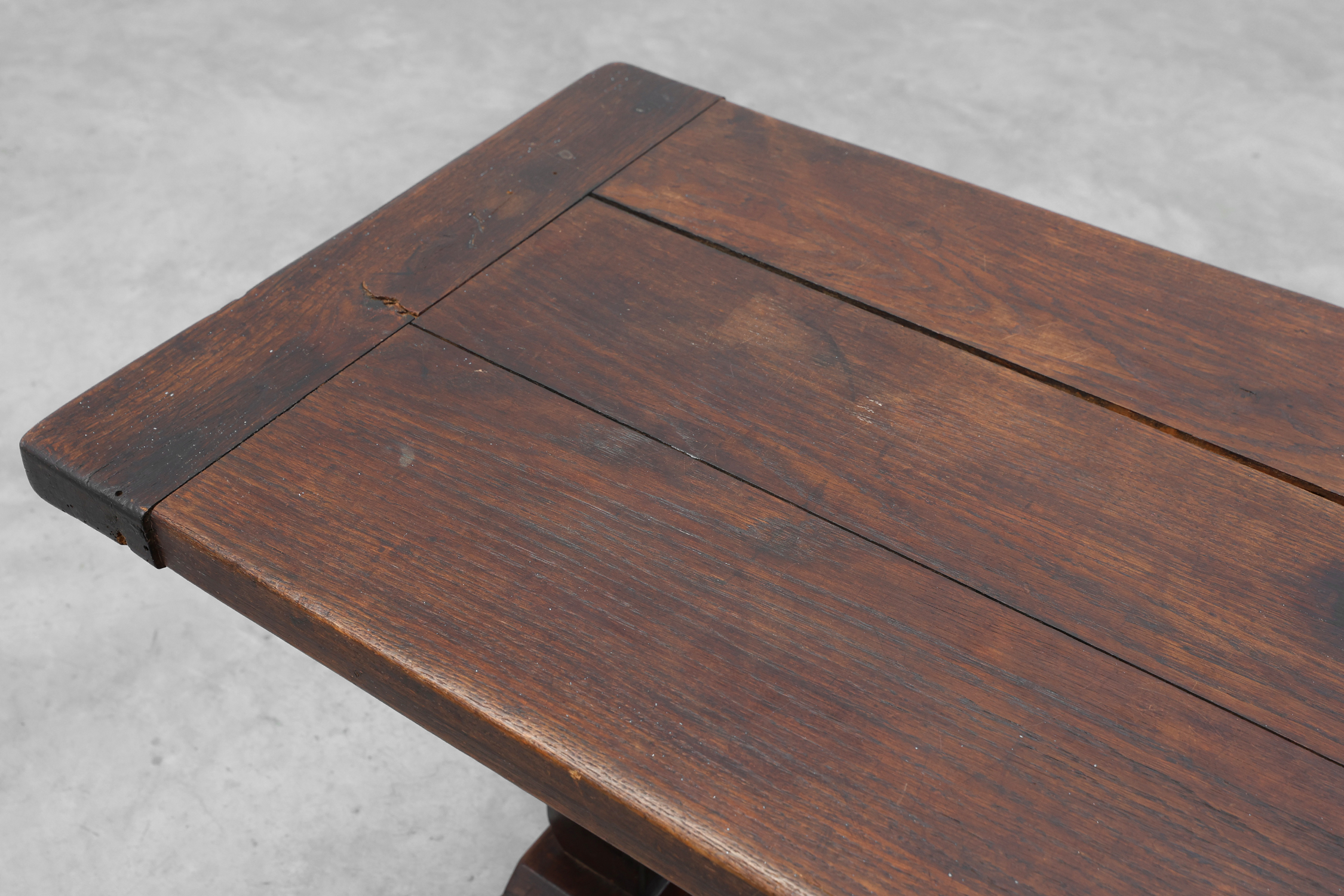 Dark Oak Coffee Table with Spiral‑Turned Trestle Legs, France, circa 1915thumbnail